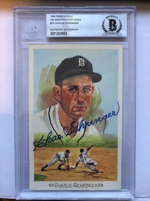 Autographed Charles Gehringer Tigers Perez-Steele Celebration Postcard Beckett Slabbed