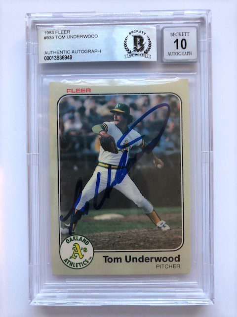 Autographed 1983 Fleer Tom Underwood A's card #535 BAS Beckett Slabbed - Auto 10
