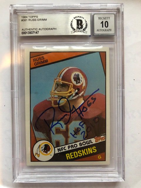 Autographed 1984 Topps Russ Grimm Redskins Rookie Card #381 Beckett Slab Auto 10