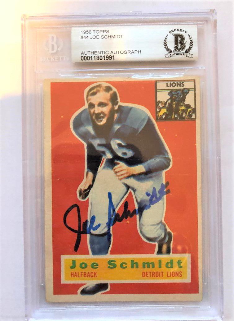 AUTOGRAPHED Joe Schmidt 1956 TOPPS ROOKIE CARD #44 BAS Beckett Slabbed