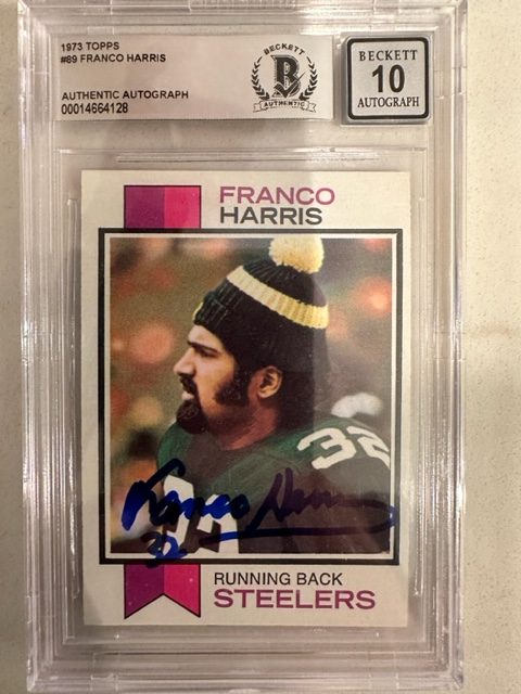 Autographed 1973 Topps FRANCO HARRIS Pittsburgh Steelers Rookie card #89 Beckett Slabbed - 10