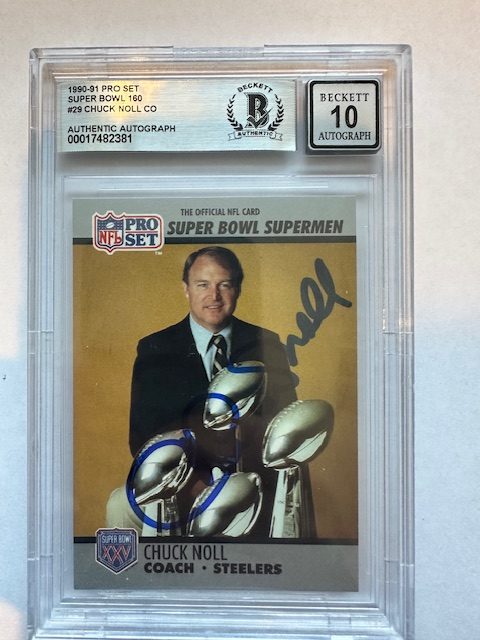 Signed Chuck Noll Pittsburgh Steelers 1990 Pro Set SUPER BOWL Card #29 Becket 10