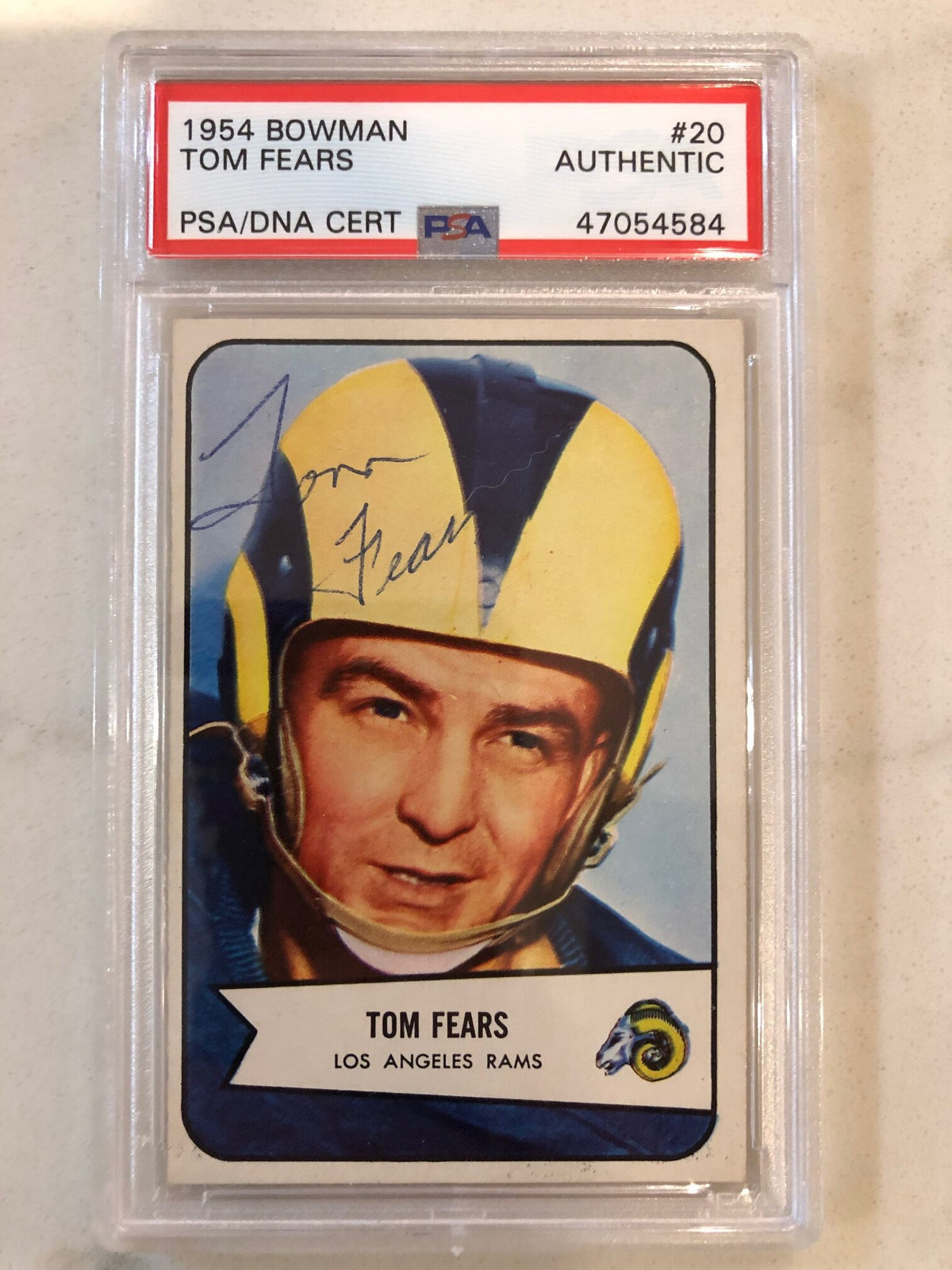 Autographed Tom Fears Los Angeles Rams 1954 Bowman Card #20 PSA/DNA Slabbed