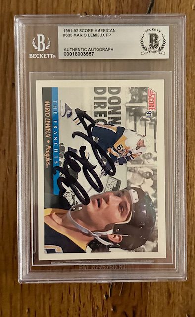Signed Mario Lemieux Penguins 1991-92 Score Card #335 BAS Beckett Slabbed