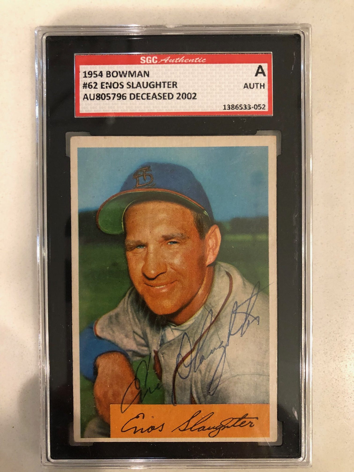 Autographed 1954 Enos Slaughter St. Louis Cardinals Card #62 SGC Slabbed