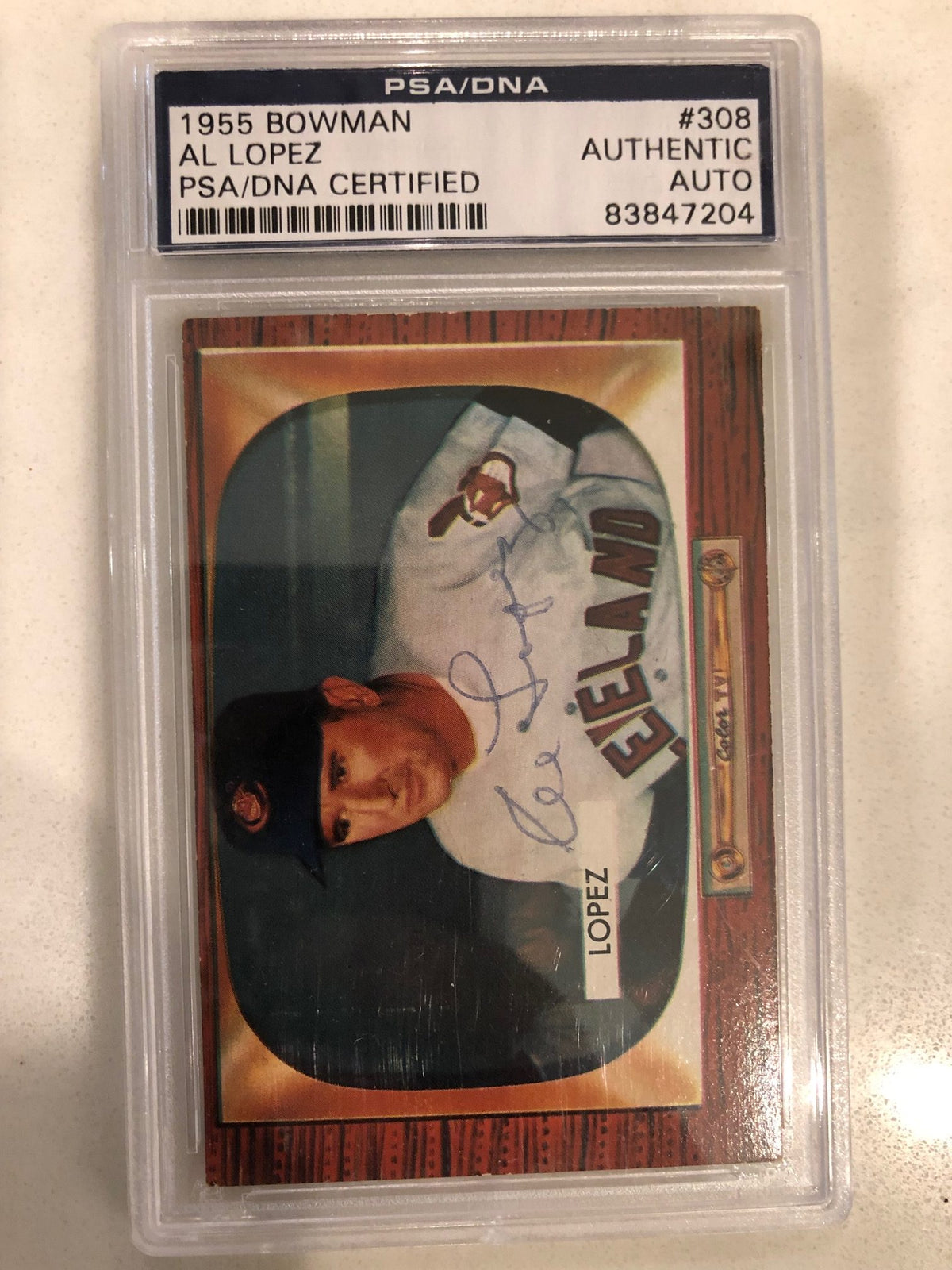 Autographed 1955 Bowman Al Lopez Cleveland Indians Card #308 PSA Slabbed