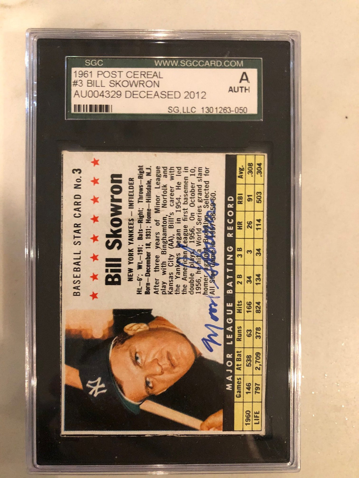 Autographed 1961 Post Cereal Bill Skowron New York Yankees #3 SGC Slabbed
