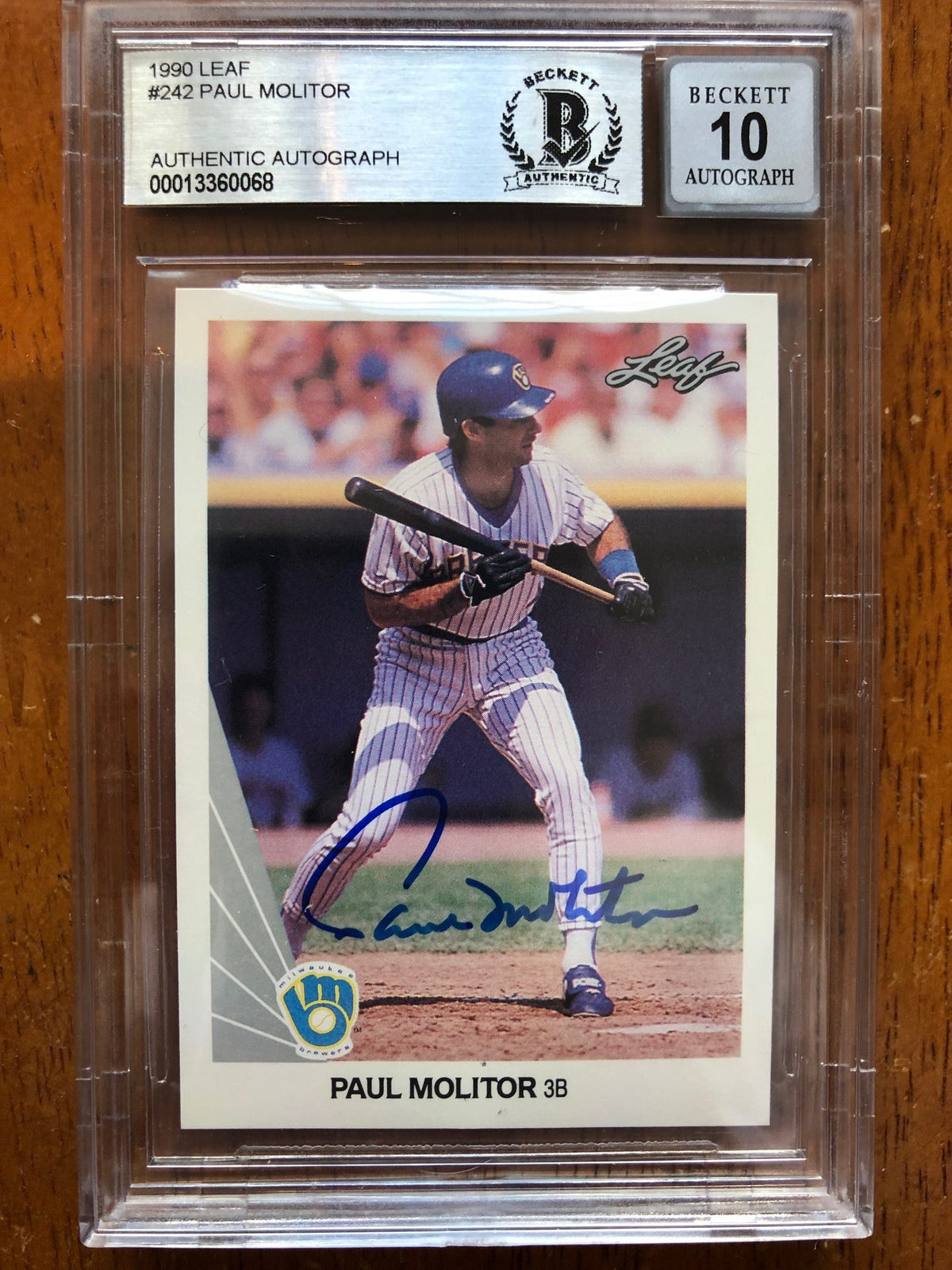 Autographed 1990 Leaf Paul Molitor Milwaukee Brewers Card #242 BAS Beckett Slabbed