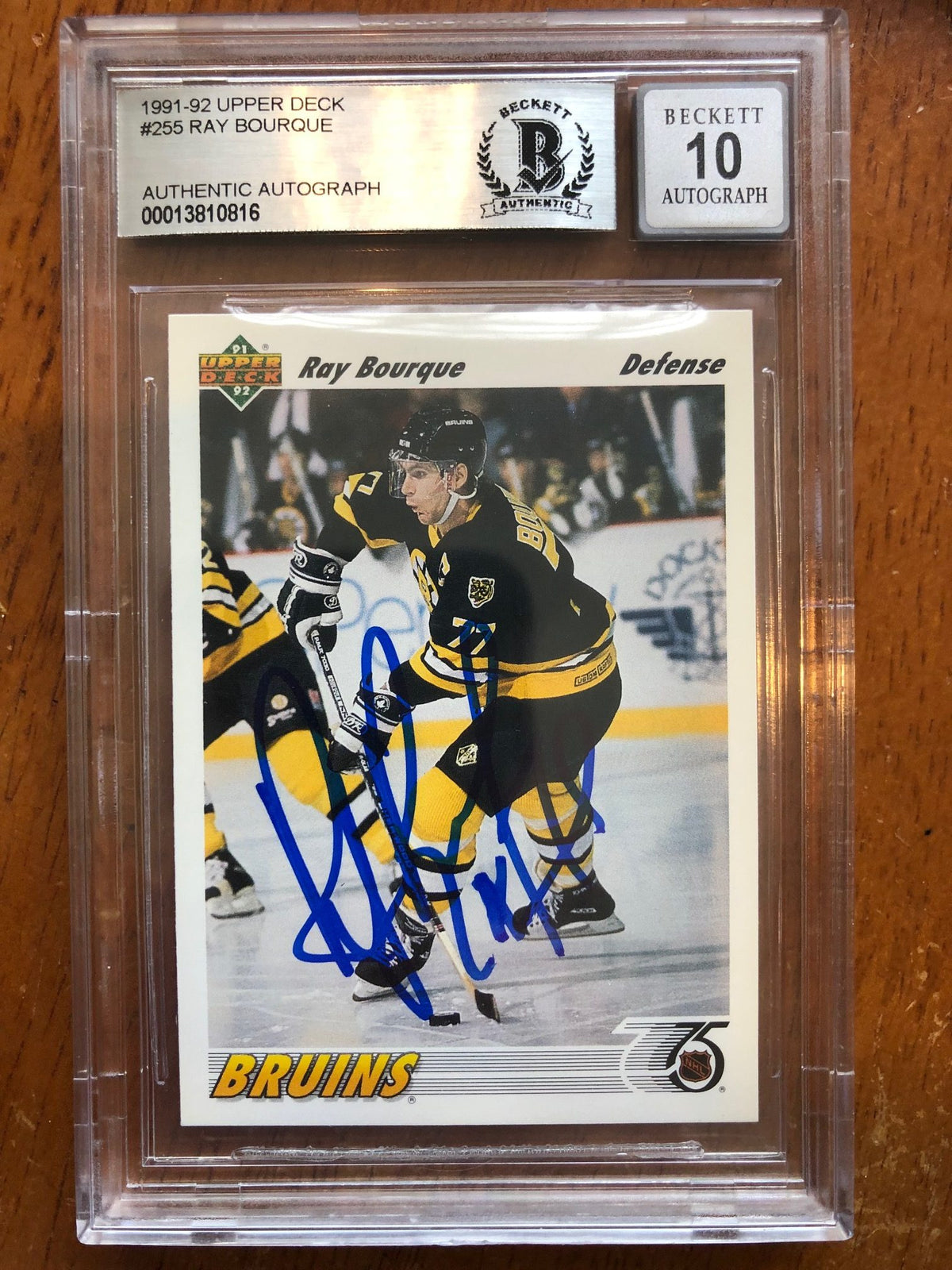 Autographed 1991-92 Upper Deck Ray Bourque  Boston Bruins Card #255 Beckett Slabbed