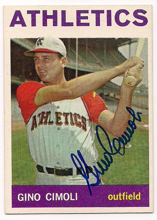 Autographed GINO CIMOLI Kansas City A's 1964 Topps Card