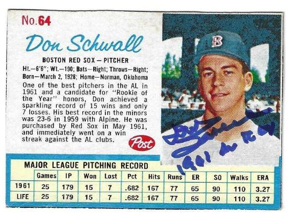 Autographed DON SCHWALL Boston Red Sox 1962 Post Cereal Card