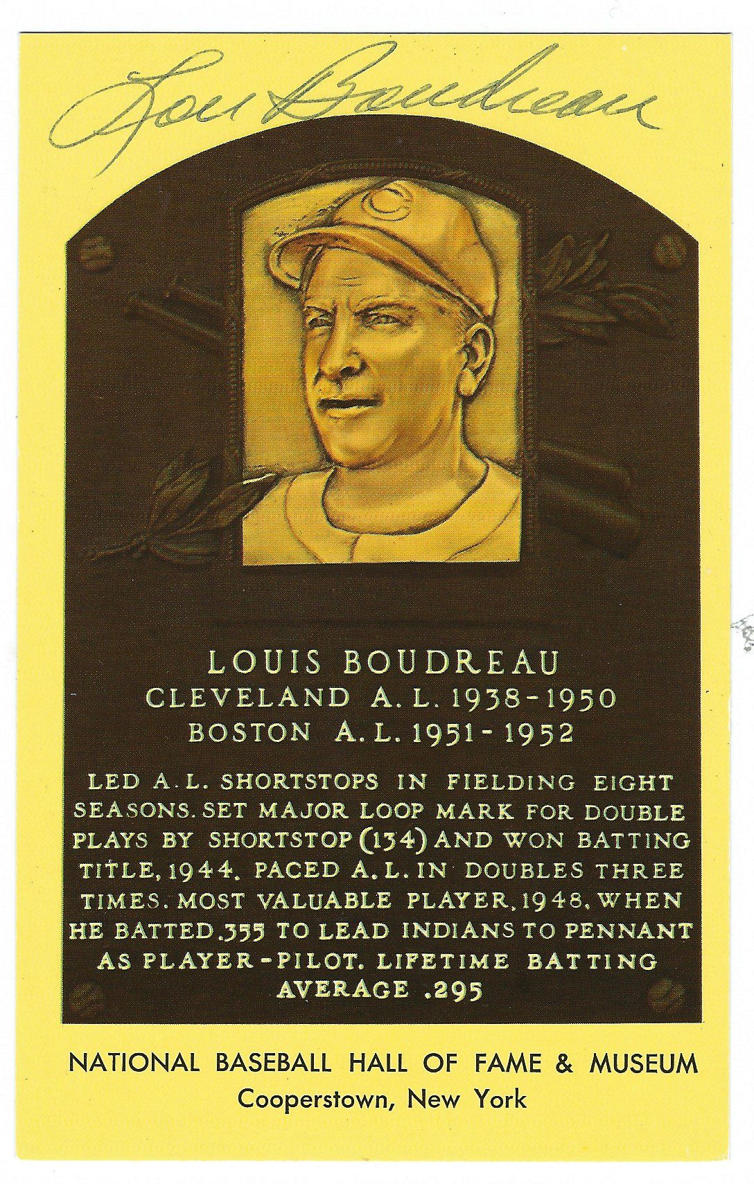 Autographed Lou Boudreau Hall of Fame Gold Plaque