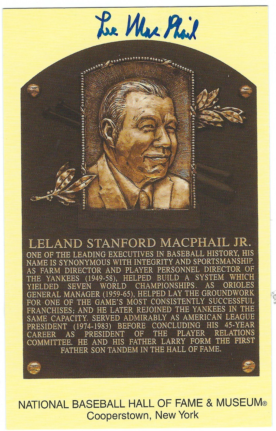 Lee MacPhail Hall of Fame Gold Plaque