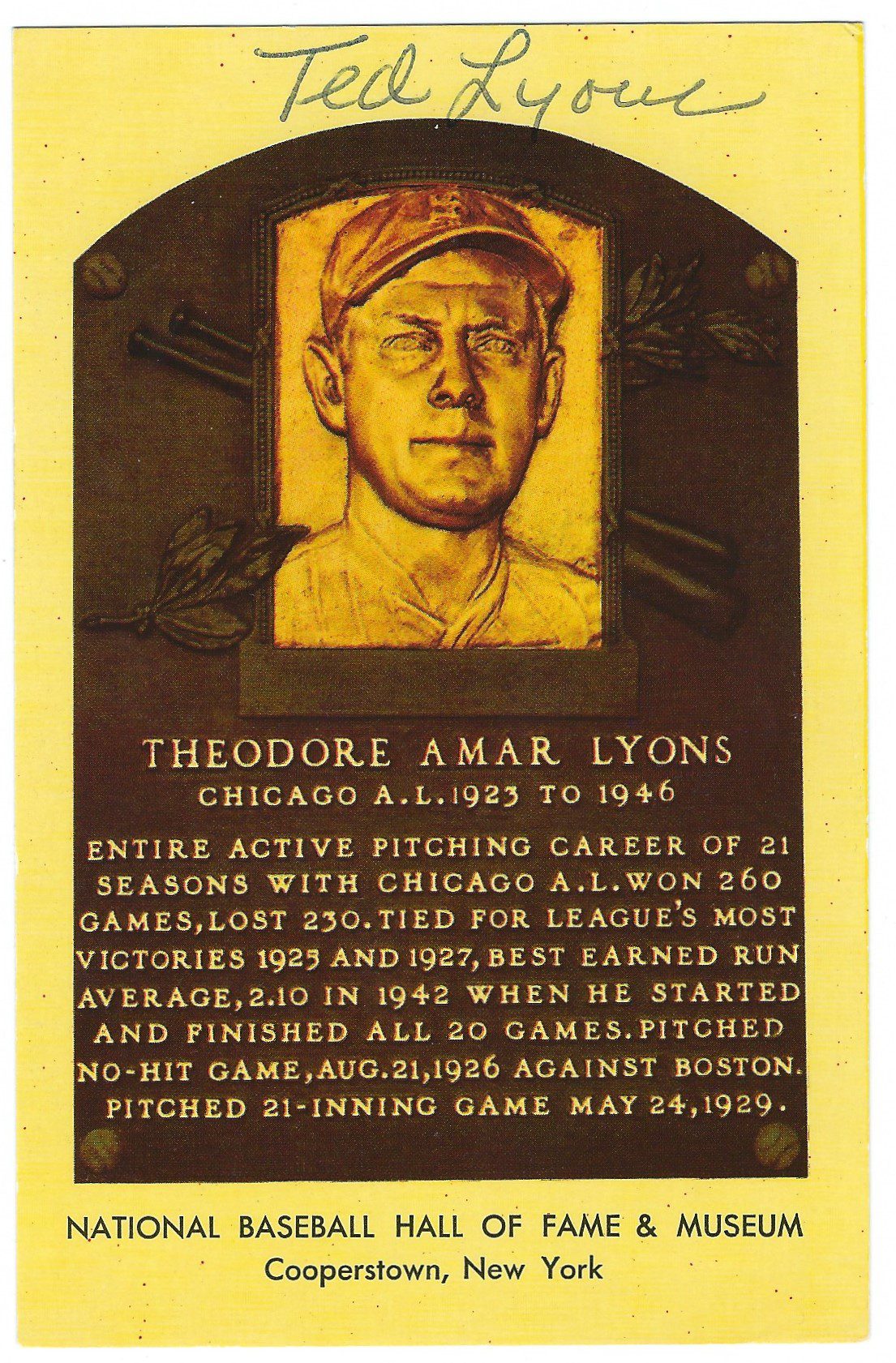 Ted Lyons Hall of Fame Gold Plaque