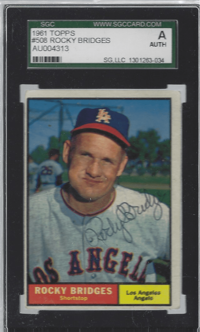 Autographed 1961 Topps Rocky Bridges Los Angeles Angels #508 SGC Slabbed