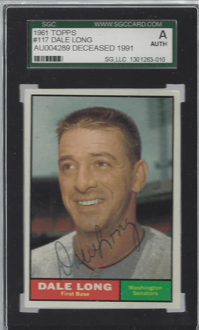 Autographed 1961 Topps Dale Long Washington Senators #117 SGC Slabbed