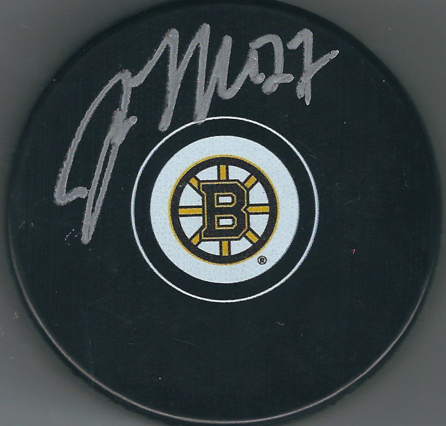 Autographed JOHN MOORE Boston Bruins Hockey Puck