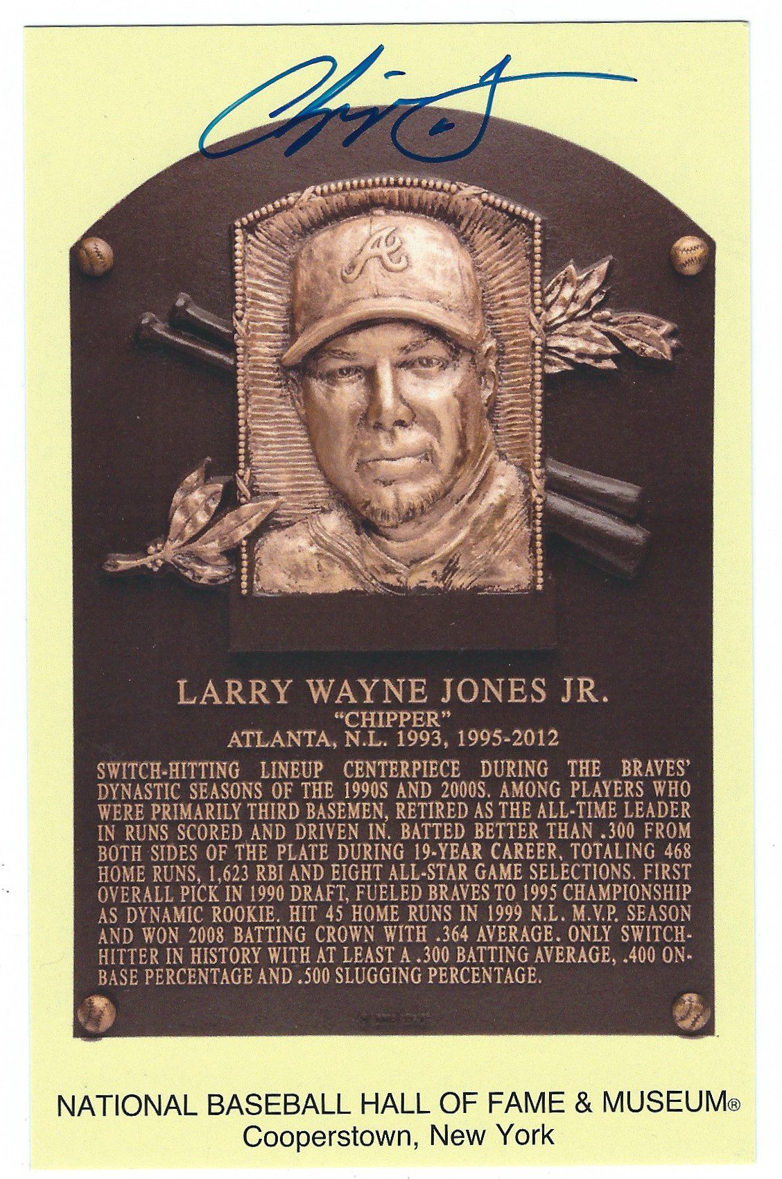 Autographed Chipper Jones Hall of Fame Gold Plaque Post Card With JSA COA