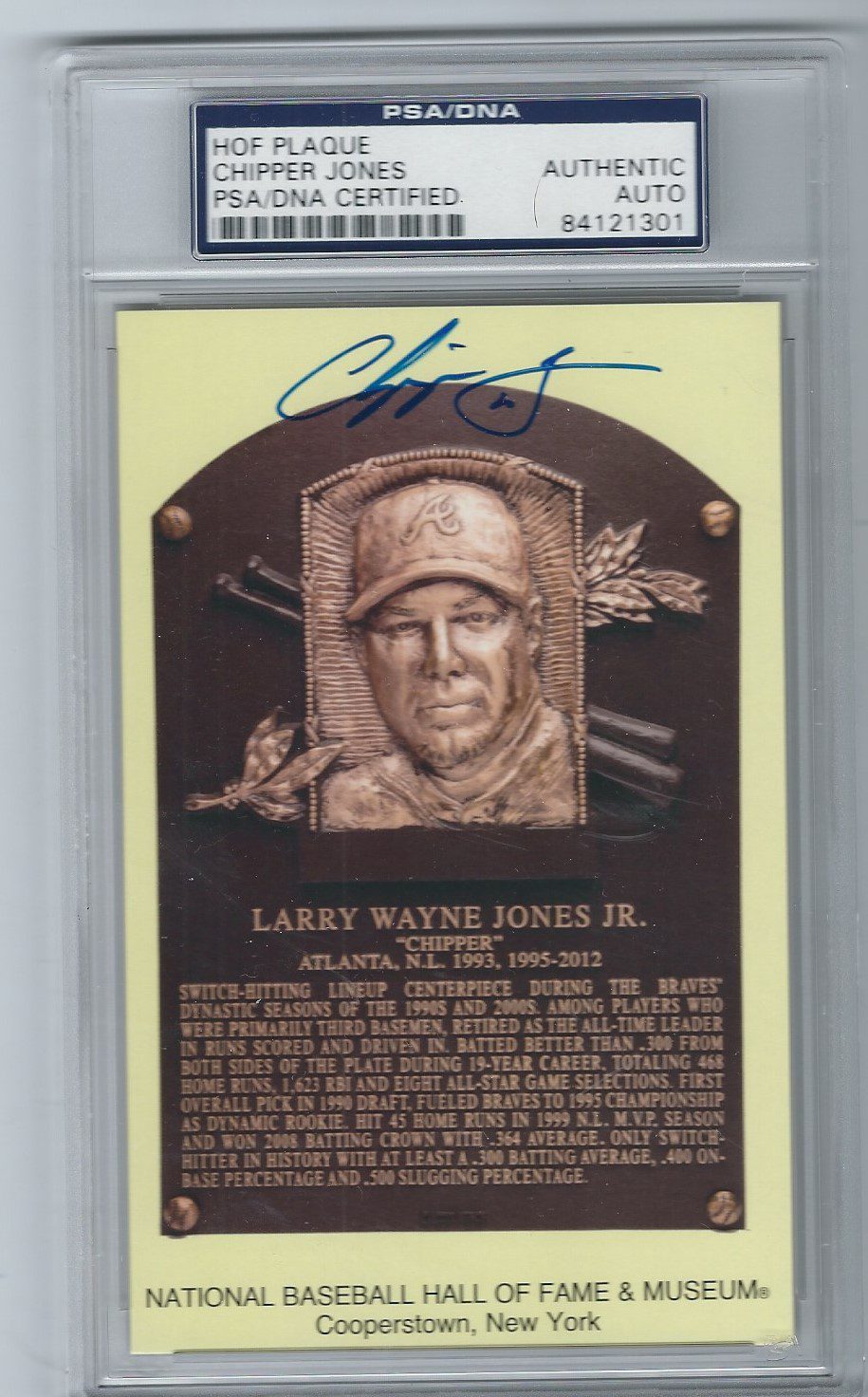 Autographed CHIPPER JONES Hall of Fame Gold Plaque Post Card PSA/DNA Slabbed