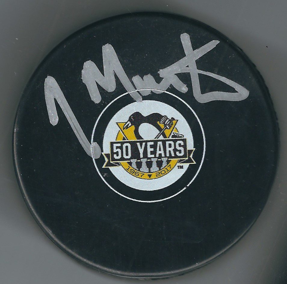 Autographed JACQUES MARTIN Pittsburgh Penguins 50th Anniversary Hockey Puck