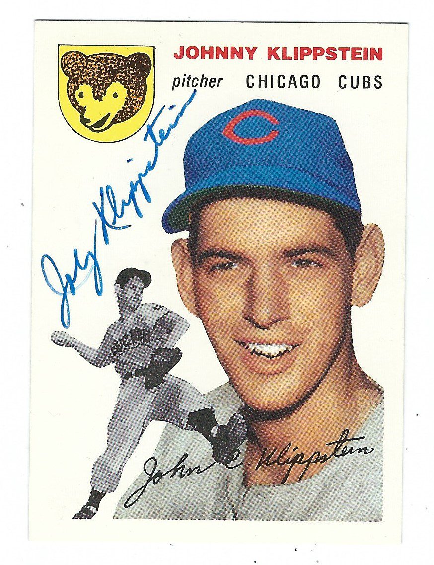 Autographed JOHNNY KLIPPSTEIN  Chicago Cubs 1954 Topps Archives card