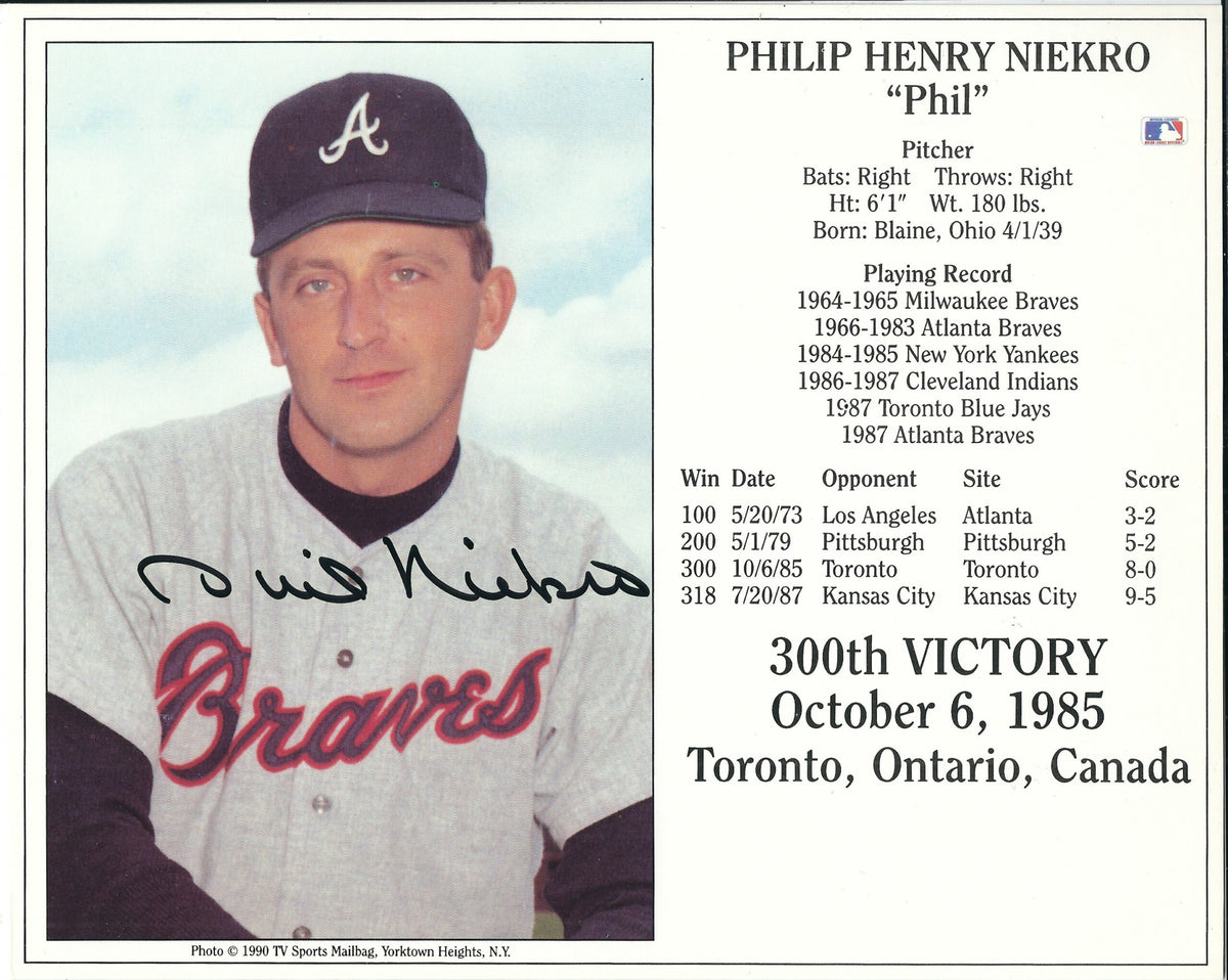 Autographed PHIL NIEKRO Atlanta Braves 8x10 300th Victory Photo Card