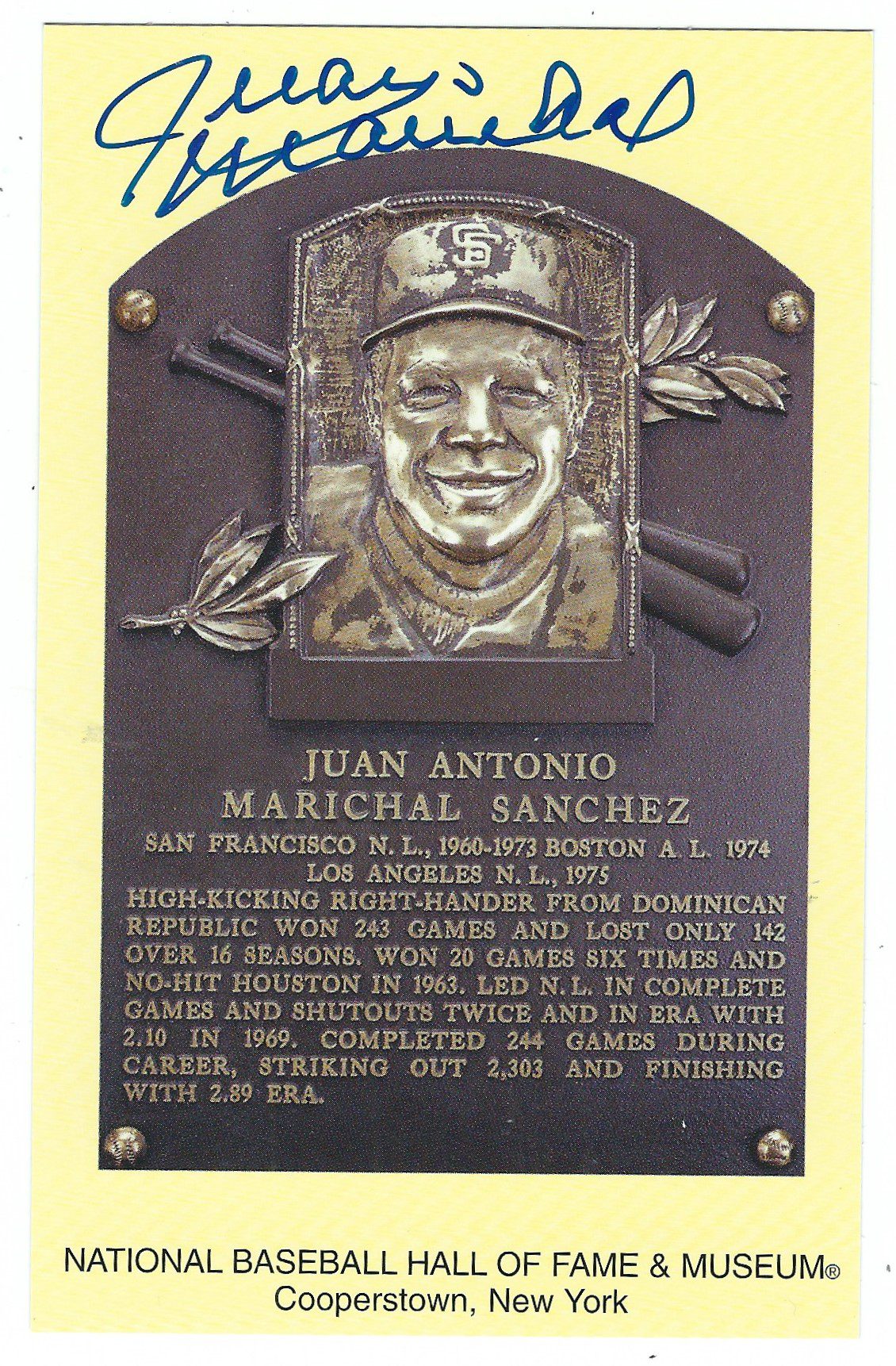 Autographed Juan Marichal Hall of Fame Gold Plaque