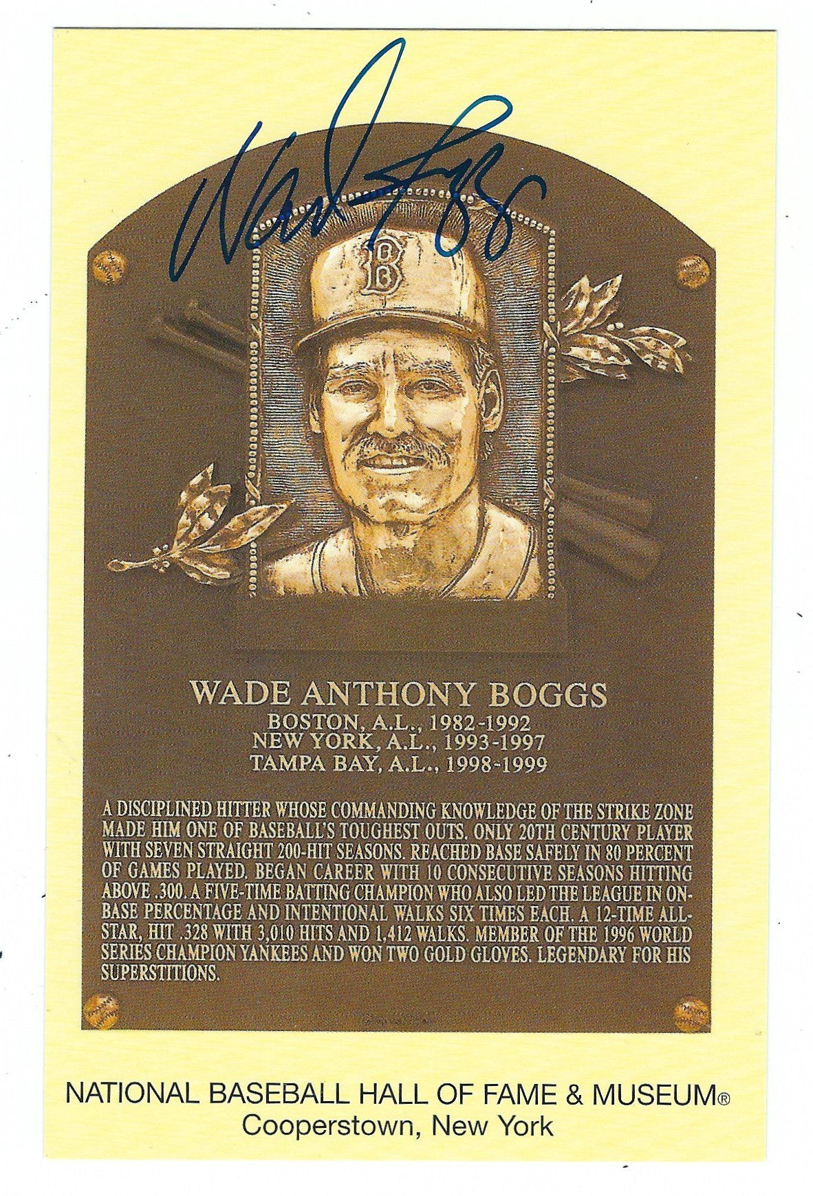 Autographed Wade Boggs Hall of Fame Gold Plaque