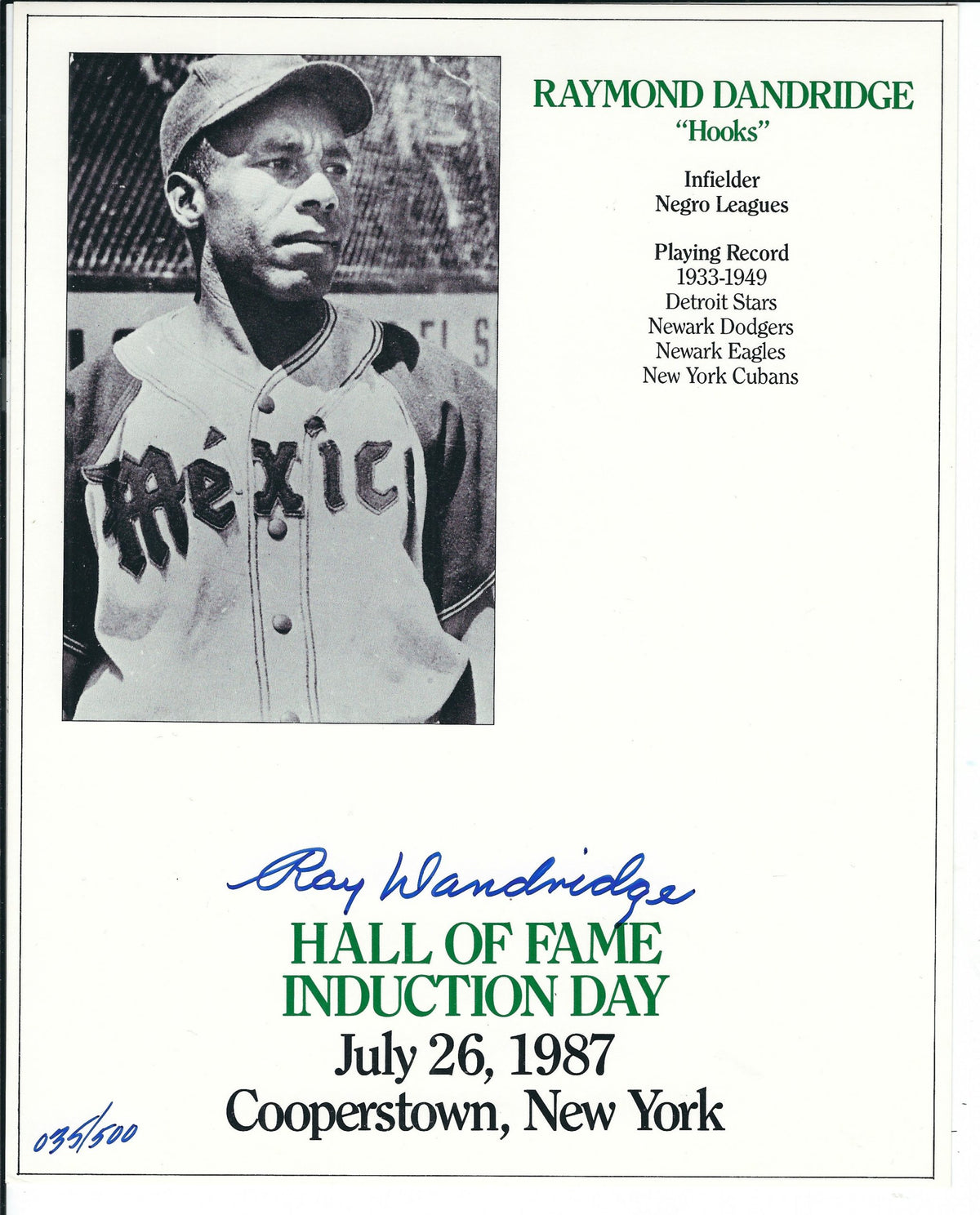 Autographed RAY DANDRIDGE 8X10 HOF Induction Day Card