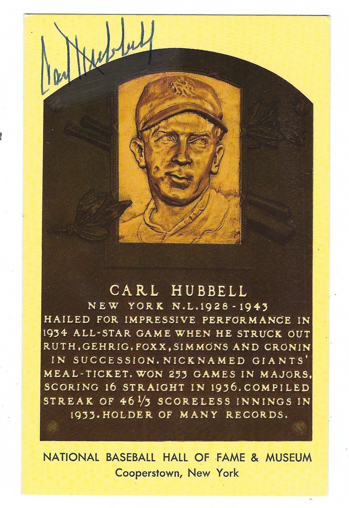 Autographed Carl Hubbell Hall of Fame Gold Plaque