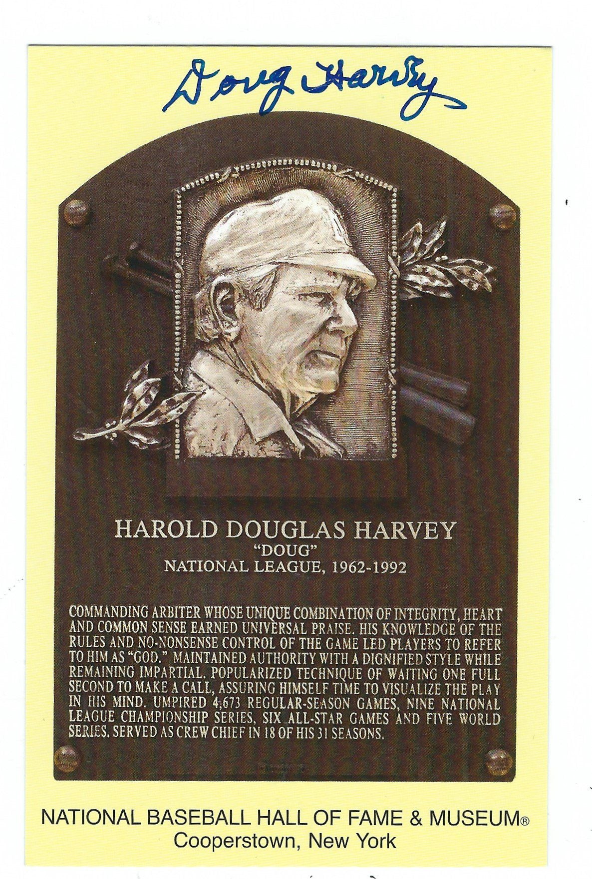 Autographed Doug Harvey Hall of Fame Gold Plaque