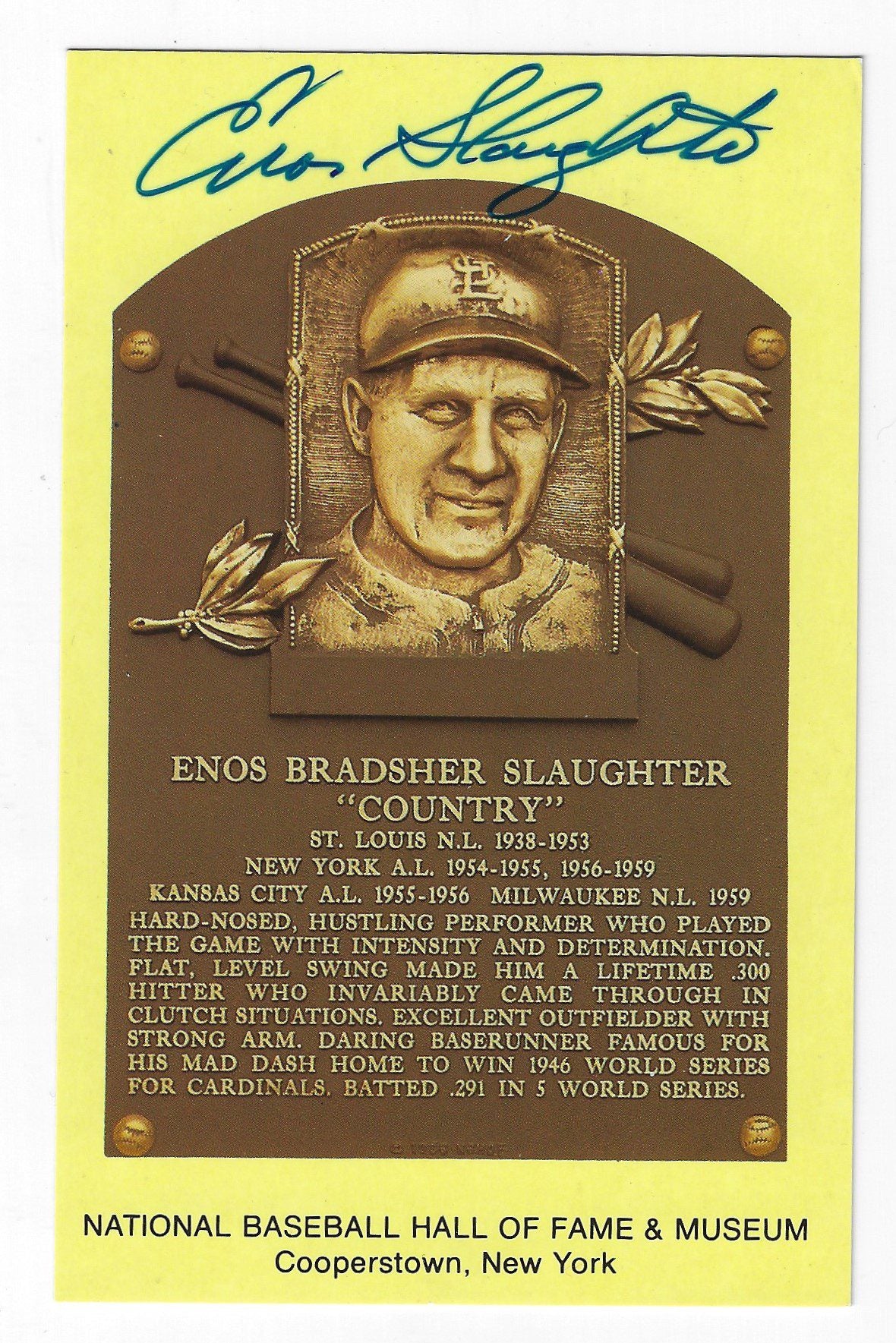 Autographed Enos Slaughter Hall of Fame Gold Plaque