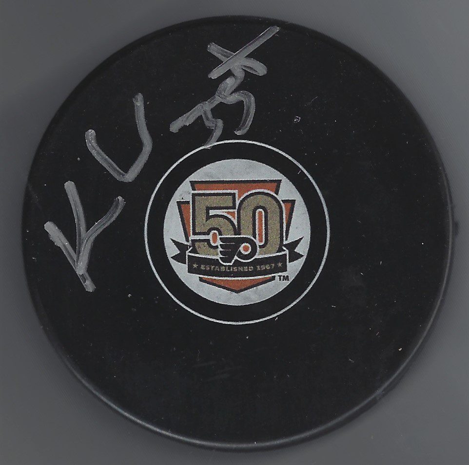 Autographed KEN WREGGET Philadelphia Flyers 50th Anniversary Hockey Puck