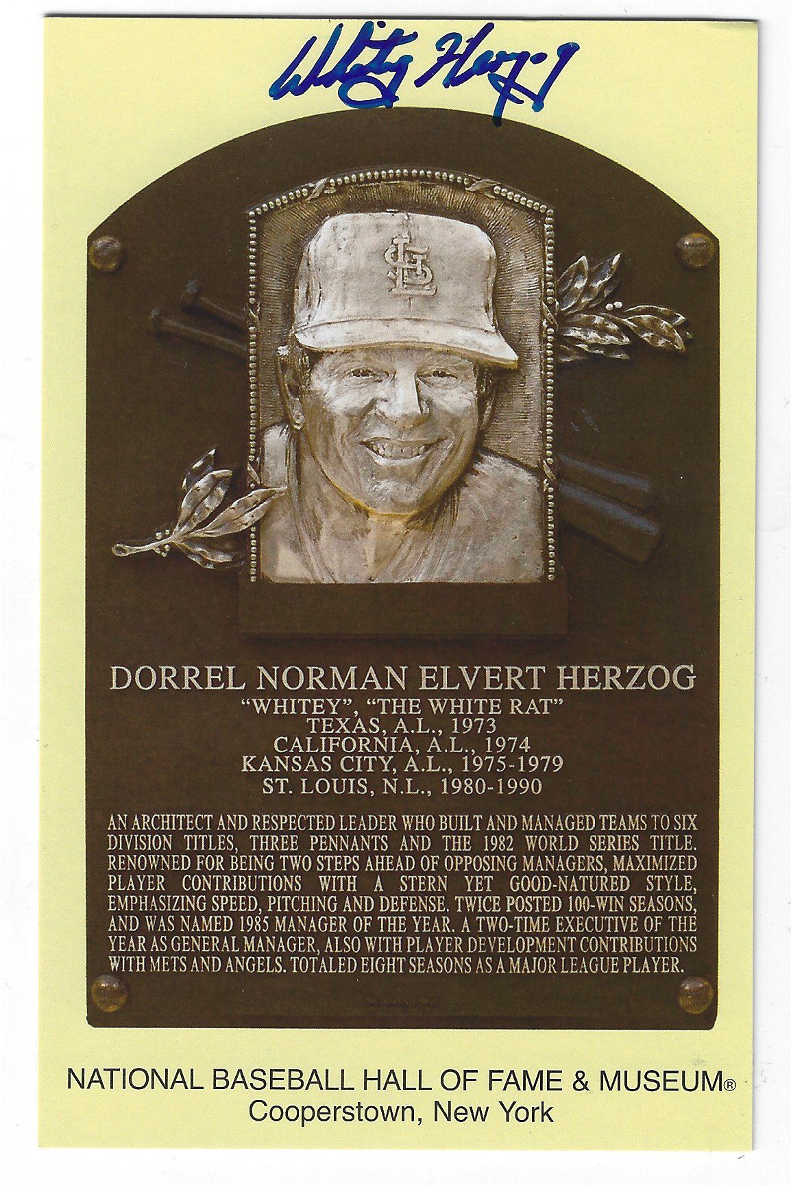 Autographed Whitey Herzog Hall of Fame Gold Plaque