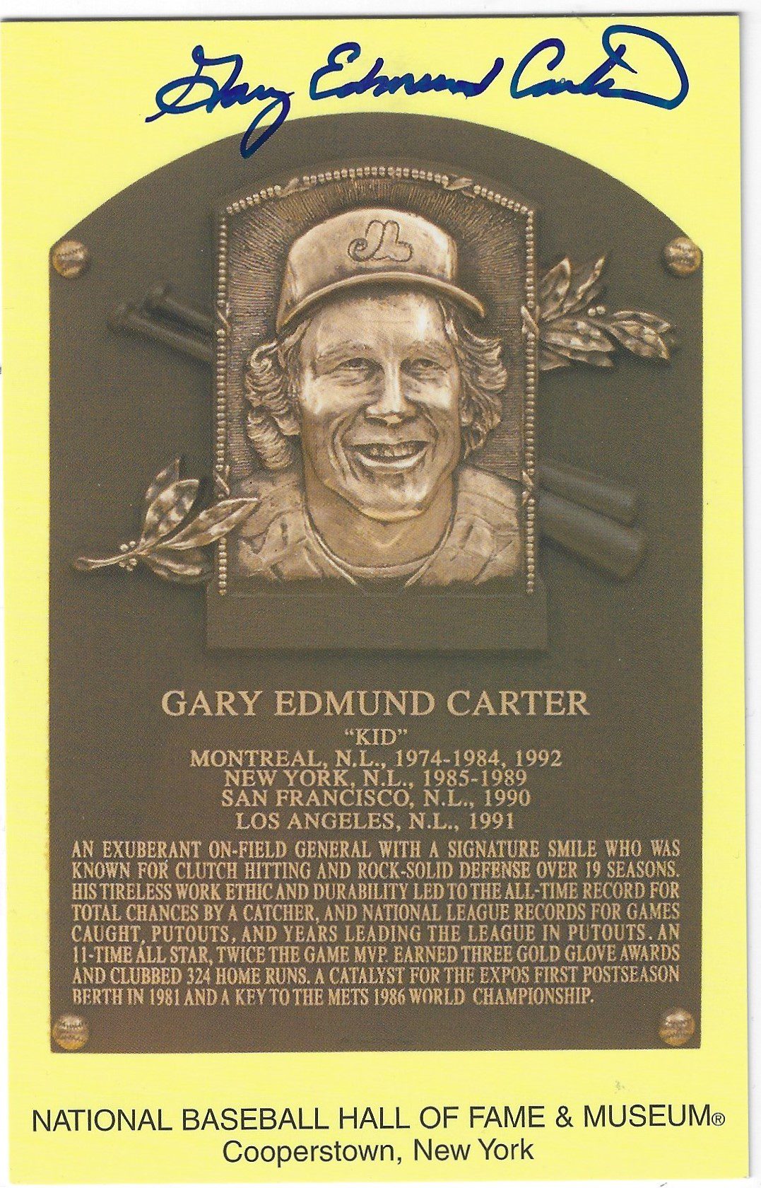 Autographed Gary Carter Hall of Fame Gold Plaque