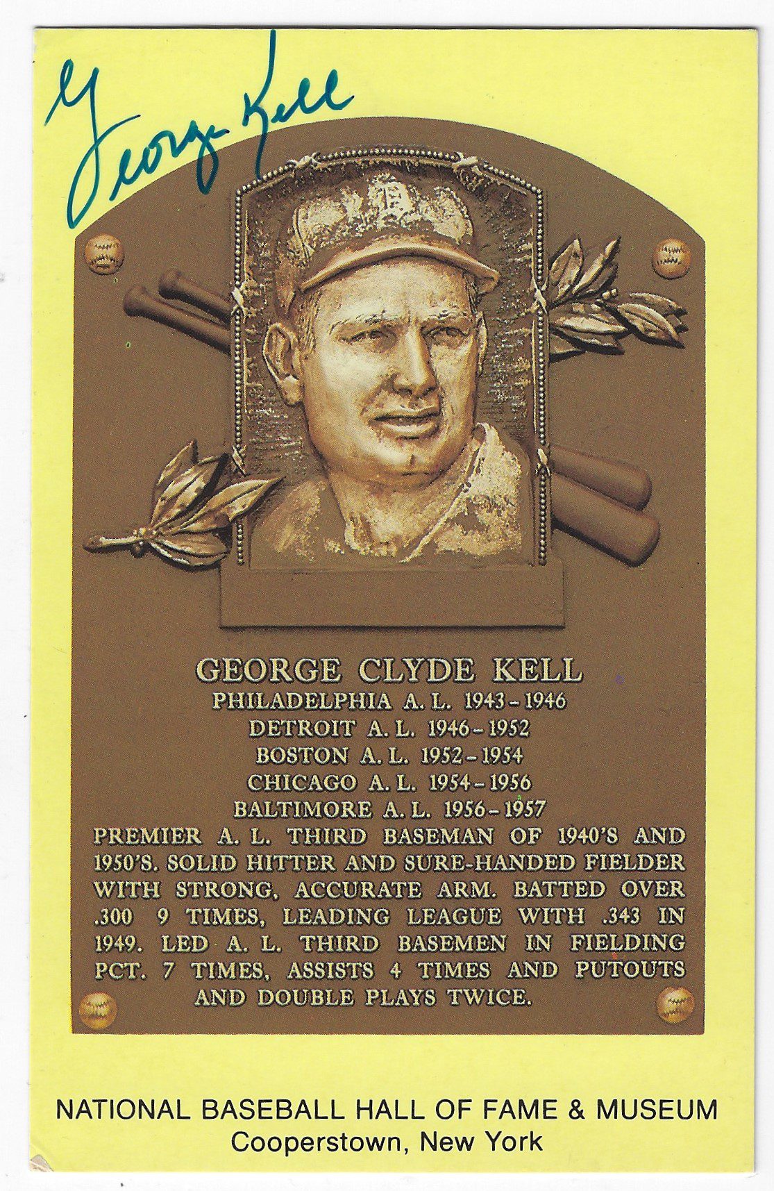 Autographed George Kell Hall of Fame Gold Plaque