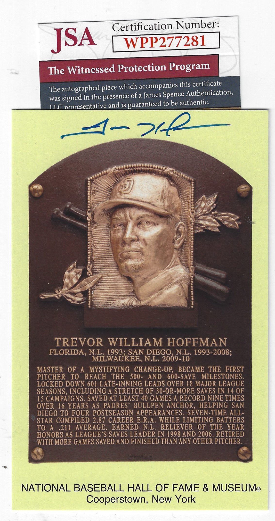 Autographed TREVOR HOFFMAN Hall of Fame Gold Plaque JSA