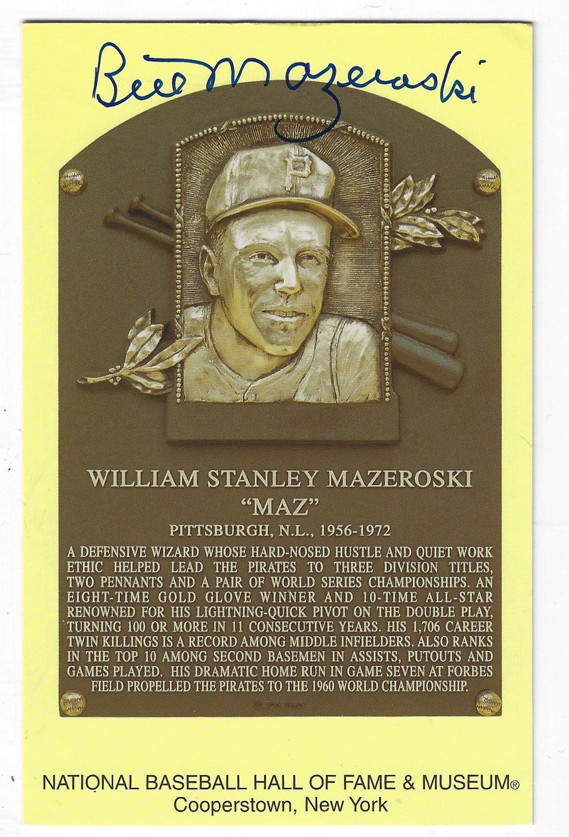 Autographed Bill Mazeroski Hall of Fame Gold Plaque