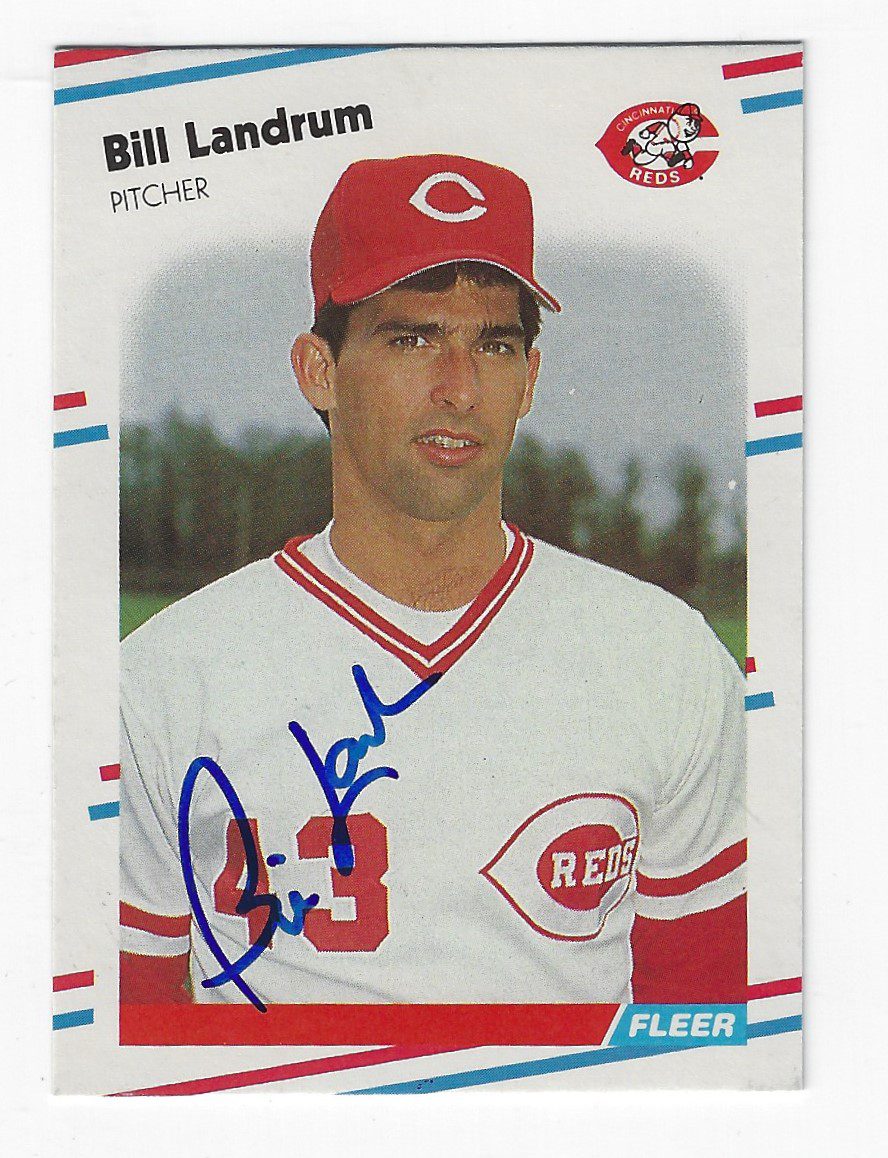 Autographed  BILL LANDRUM Cincinnati Reds 1988 Fleer Baseball Card