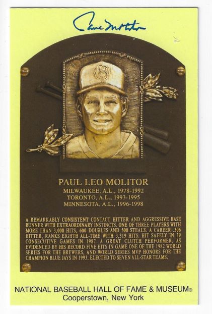 Autographed PAUL MOLITOR Hall of Fame Gold Plaque Postcard