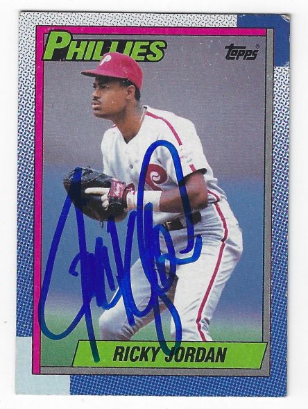 Autographed RICKY JORDAN  Philadelphia Phillies 1990 Topps Card