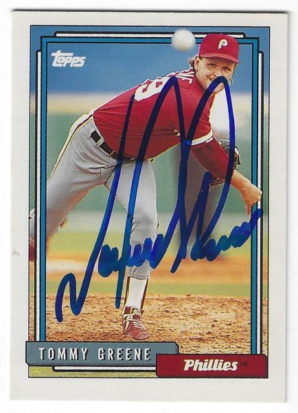 Autographed TOMMY GREENE Philadelphia Phillies 1992 Topps Card