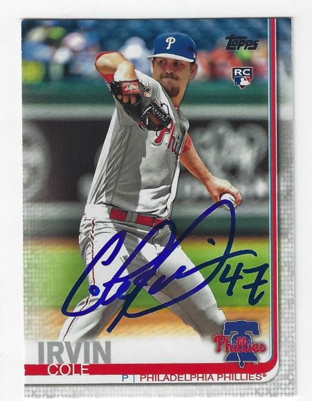 Autographed COLE IRVIN Philadelphia Phillies 2019 Topps Card