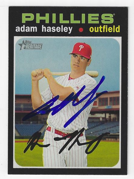 Autographed ADAM HASELEY Philadelphia Phillies 2020 Topps Heritage Card