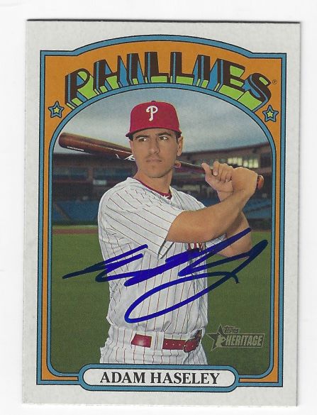 Autographed ADAM HASELEY Philadelphia Phillies 2021 Topps Heritage Card