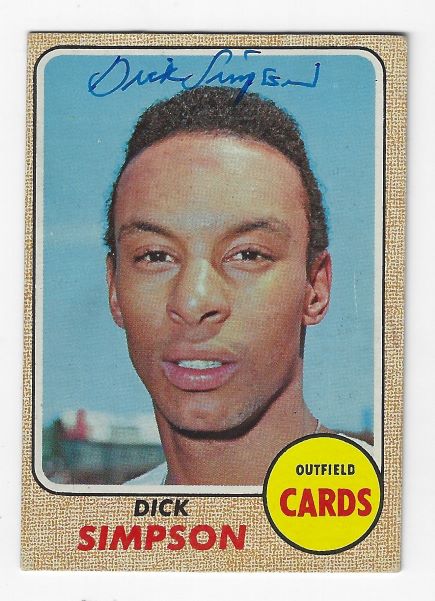 Autographed DICK SIMPSON St. Louis Cardinals 1968 Topps Card