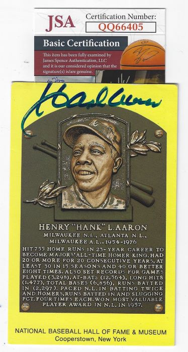 Autographed HANK AARON Hall of Fame Gold Plaque JSA