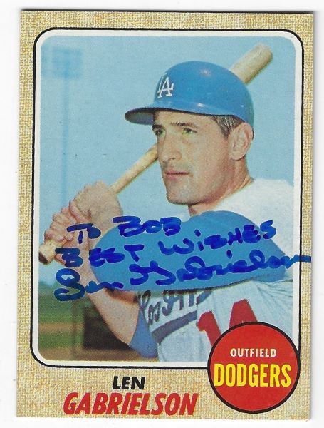 Autographed LEN GABRIELSON Los Angeles Dodgers 1968 Topps Card