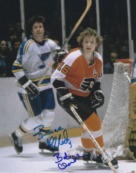 Autographed BOBBY CLARKE Philadelphia Flyers & BRUCE AFFLECK St. Louis Blues Photo