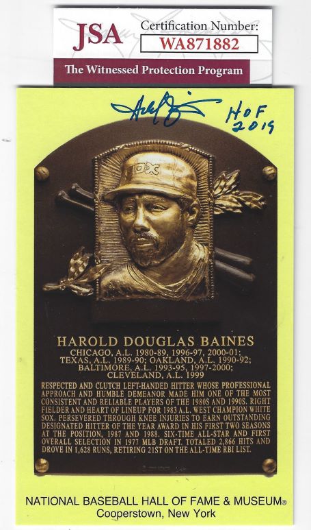 Autographed HAROLD BAINES "HOF 2019" Hall of Fame Gold Plaque Postcard JSA Witness